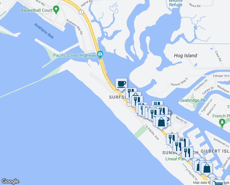map of restaurants, bars, coffee shops, grocery stores, and more near 64 Surfside Avenue in Huntington Beach