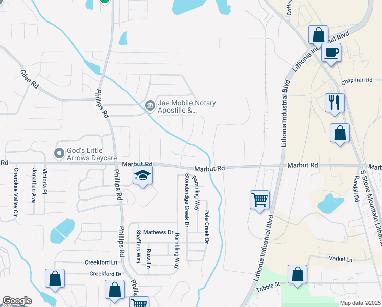 map of restaurants, bars, coffee shops, grocery stores, and more near 6458 Bedford Lane in Lithonia