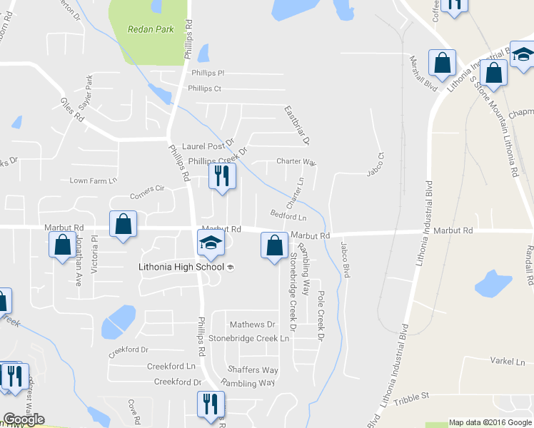 map of restaurants, bars, coffee shops, grocery stores, and more near 6419 Bedford Lane in Lithonia