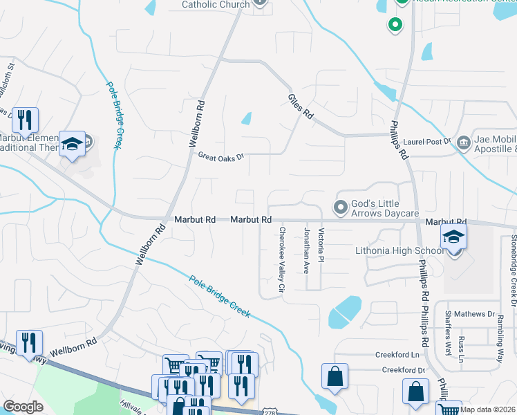 map of restaurants, bars, coffee shops, grocery stores, and more near 2097 Raintree Place in Lithonia