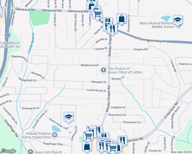 map of restaurants, bars, coffee shops, grocery stores, and more near 2117 Treehaven Court in Decatur