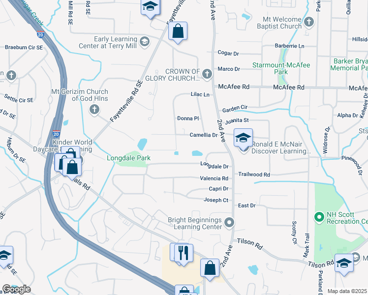 map of restaurants, bars, coffee shops, grocery stores, and more near 2148 Lilac Lane in Decatur