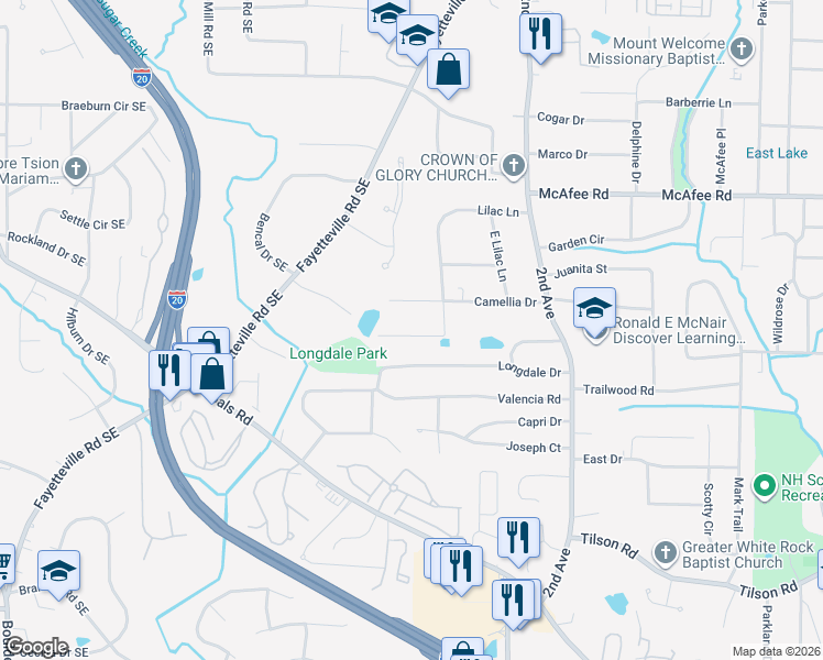 map of restaurants, bars, coffee shops, grocery stores, and more near 2193 Lilac Lane in Decatur