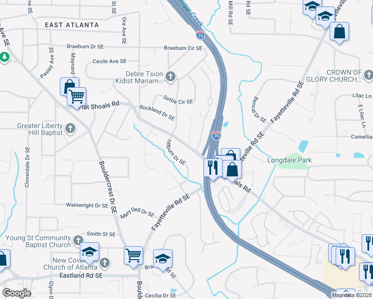 map of restaurants, bars, coffee shops, grocery stores, and more near 1905 Flat Shoals Road Southeast in Atlanta