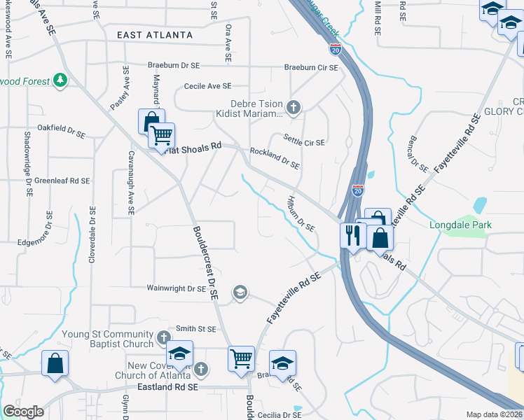 map of restaurants, bars, coffee shops, grocery stores, and more near 1046 Leah Lane Southeast in Atlanta