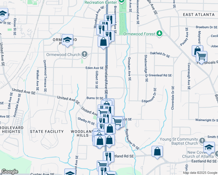 map of restaurants, bars, coffee shops, grocery stores, and more near 980 Moreland Avenue Southeast in Atlanta