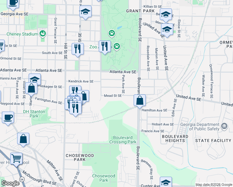 map of restaurants, bars, coffee shops, grocery stores, and more near 470 Mead Street Southeast in Atlanta