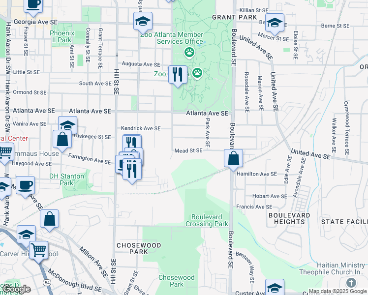 map of restaurants, bars, coffee shops, grocery stores, and more near 470 Mead Street Southeast in Atlanta
