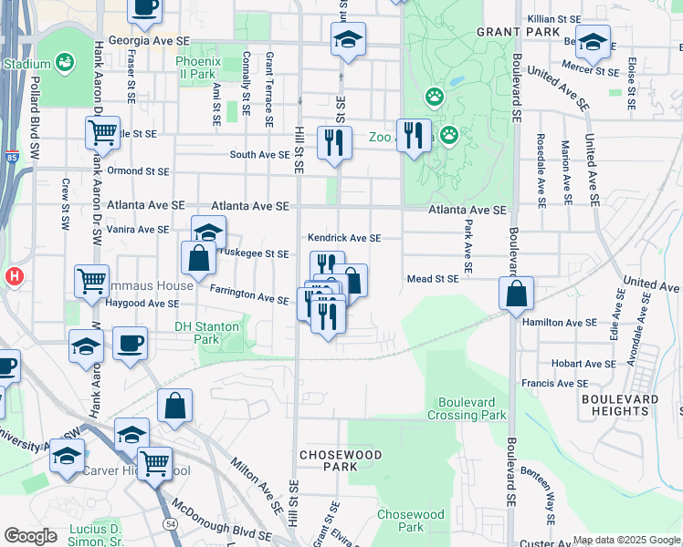 map of restaurants, bars, coffee shops, grocery stores, and more near 974 Grant Street Southeast in Atlanta