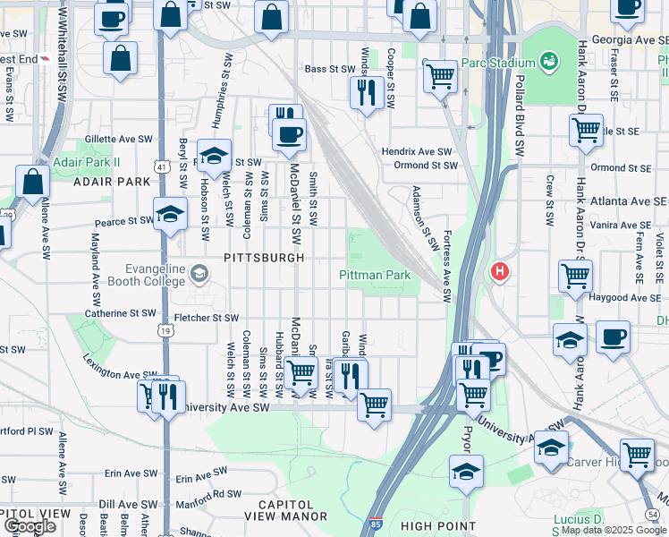 map of restaurants, bars, coffee shops, grocery stores, and more near 1000 Smith Street Southwest in Atlanta
