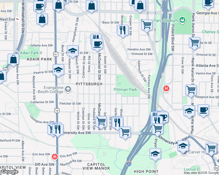 map of restaurants, bars, coffee shops, grocery stores, and more near 1000 Smith Street Southwest in Atlanta
