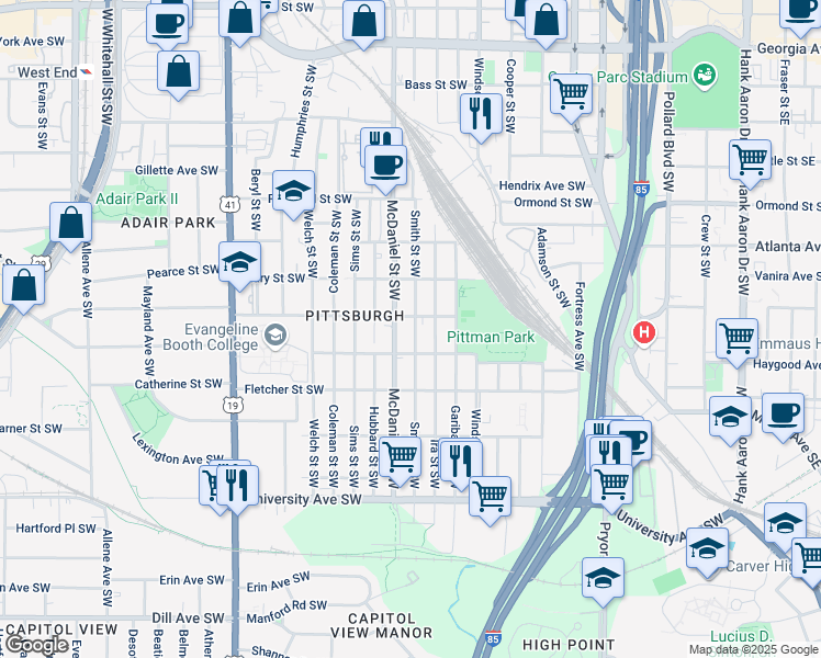 map of restaurants, bars, coffee shops, grocery stores, and more near 995 Smith Street Southwest in Atlanta