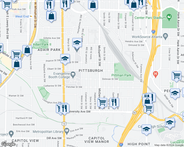 map of restaurants, bars, coffee shops, grocery stores, and more near in Atlanta