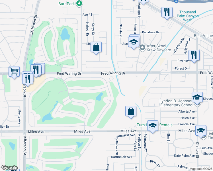 map of restaurants, bars, coffee shops, grocery stores, and more near 44322 Royal Lytham Drive in Indio