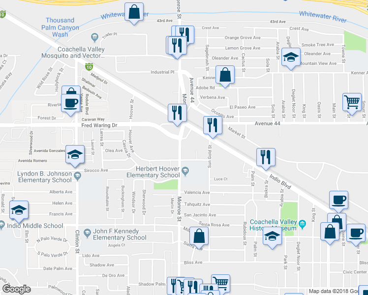 map of restaurants, bars, coffee shops, grocery stores, and more near 44250 Monroe St in Indio