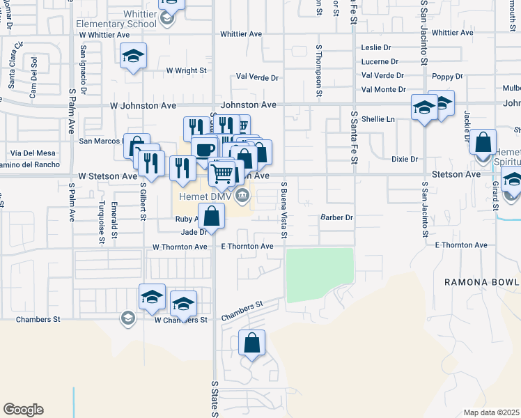 map of restaurants, bars, coffee shops, grocery stores, and more near 351 Gardenia Circle in Hemet