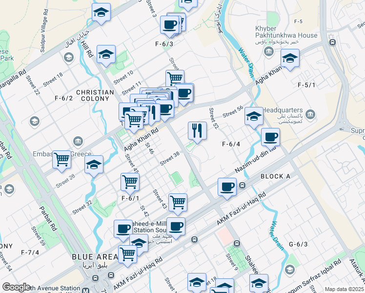 map of restaurants, bars, coffee shops, grocery stores, and more near Street Number 49 in Islamabad