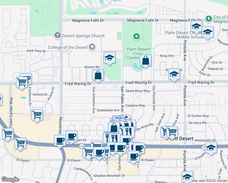 map of restaurants, bars, coffee shops, grocery stores, and more near 73427 Santa Rosa Way in Palm Desert