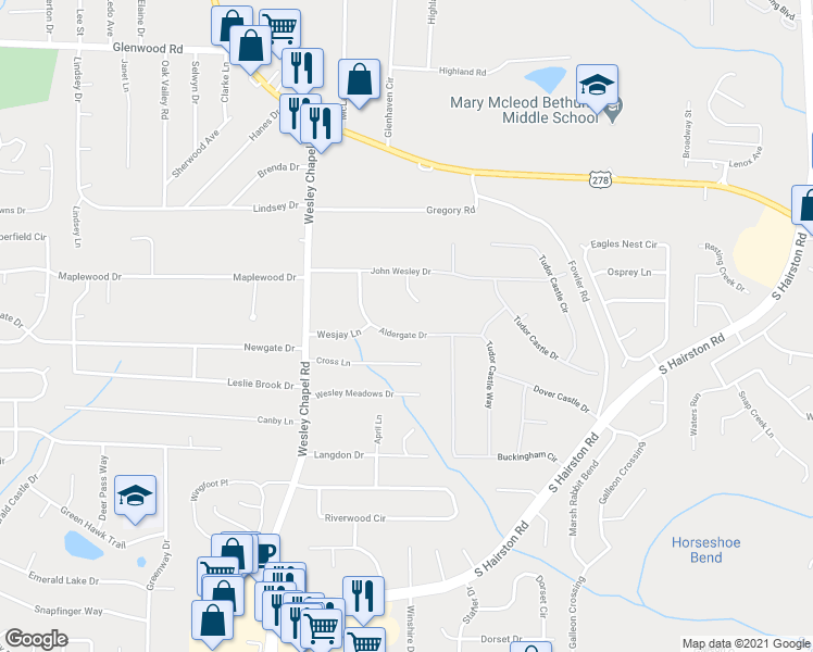 map of restaurants, bars, coffee shops, grocery stores, and more near 4386 Aldergate Drive in Decatur