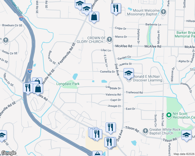 map of restaurants, bars, coffee shops, grocery stores, and more near 2149 Lilac Lane in Decatur