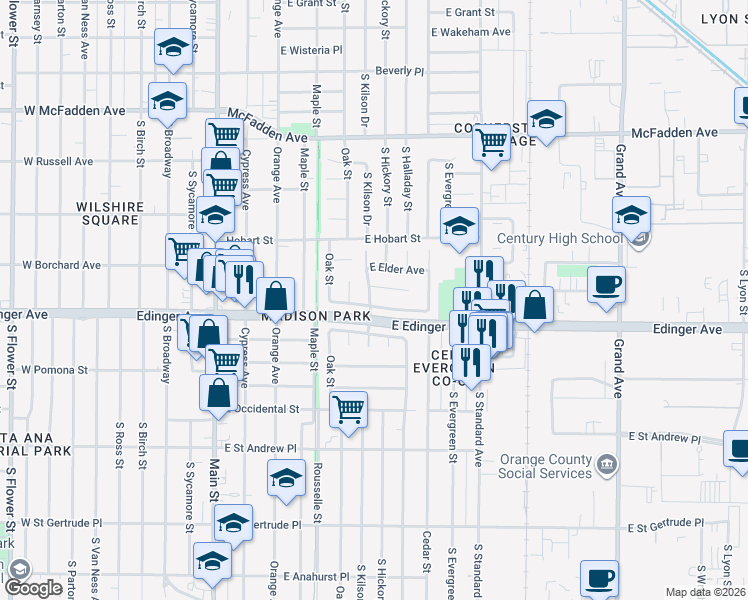 map of restaurants, bars, coffee shops, grocery stores, and more near 701 East Hood Avenue in Santa Ana