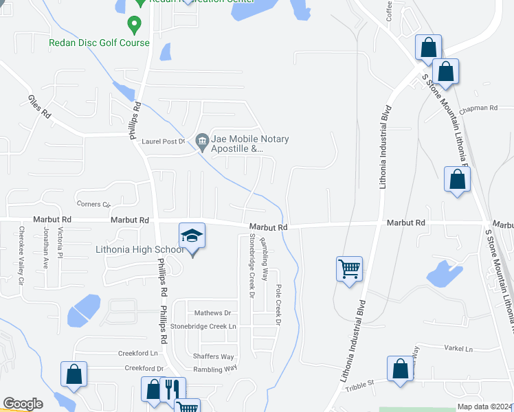 map of restaurants, bars, coffee shops, grocery stores, and more near 6458 Bedford Lane in Lithonia