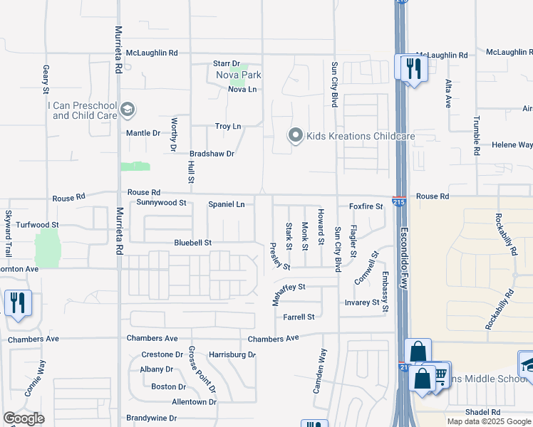 map of restaurants, bars, coffee shops, grocery stores, and more near 27051 Presley Street in Menifee