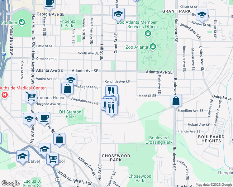 map of restaurants, bars, coffee shops, grocery stores, and more near 974 Grant Street Southeast in Atlanta