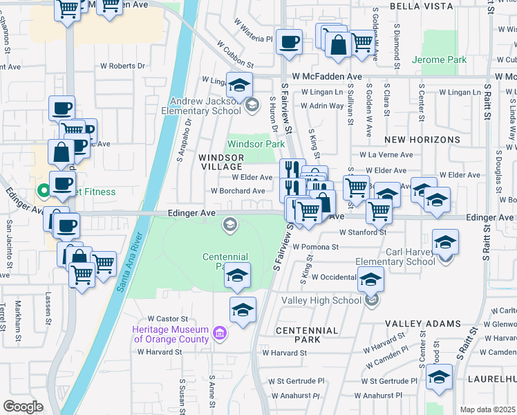 map of restaurants, bars, coffee shops, grocery stores, and more near 2929 West Edinger Avenue in Santa Ana