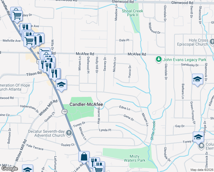 map of restaurants, bars, coffee shops, grocery stores, and more near 2127 Nichols Lane in Decatur