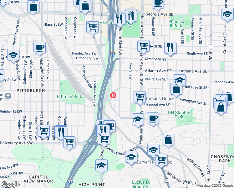 map of restaurants, bars, coffee shops, grocery stores, and more near 999 Washington Street Southwest in Atlanta