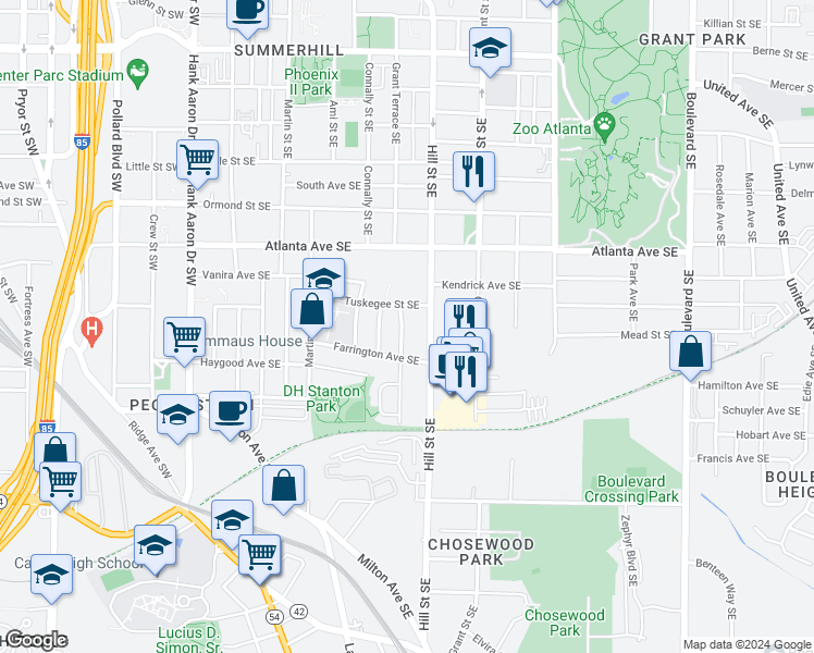 map of restaurants, bars, coffee shops, grocery stores, and more near 978 Grant Terrace Southeast in Atlanta