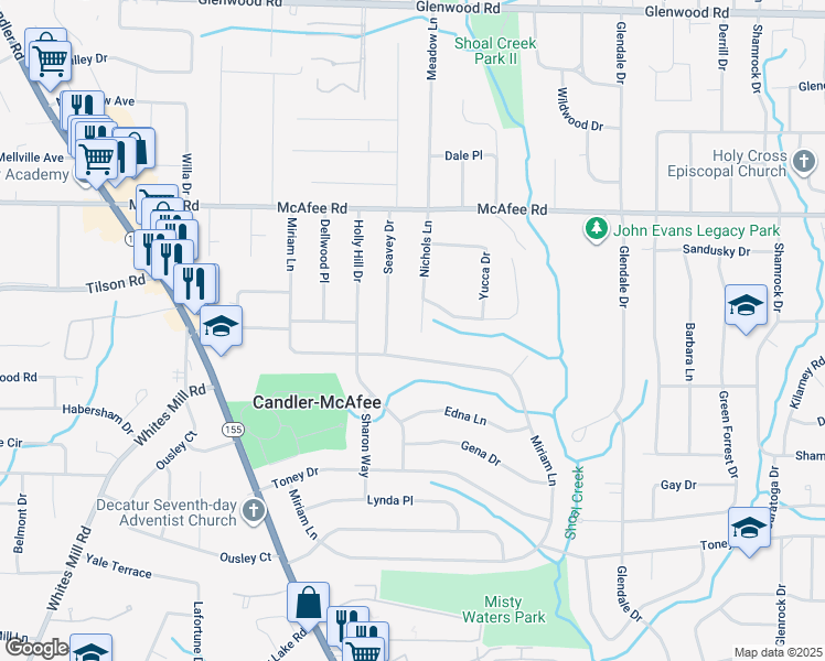 map of restaurants, bars, coffee shops, grocery stores, and more near 2127 Nichols Lane in Decatur