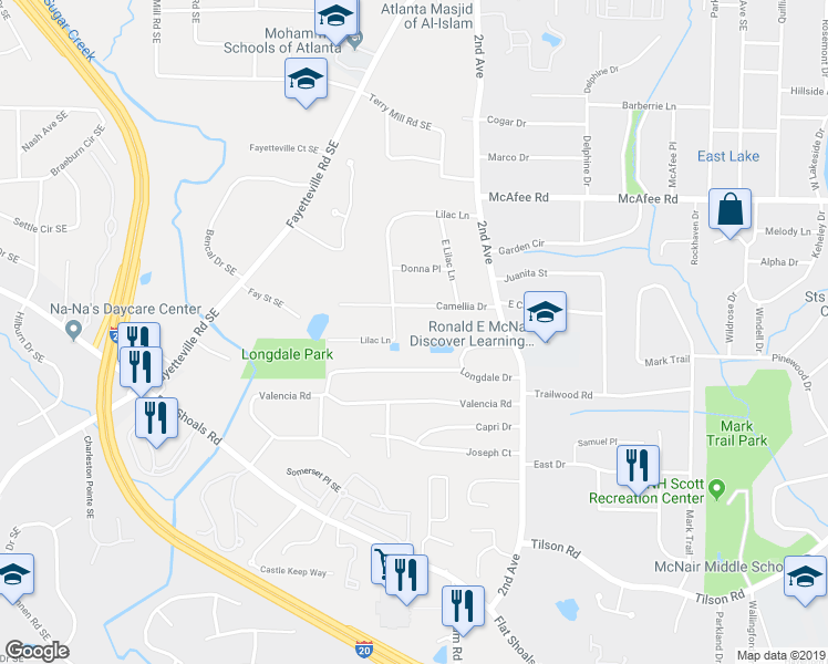 map of restaurants, bars, coffee shops, grocery stores, and more near 2148 Lilac Lane in Decatur