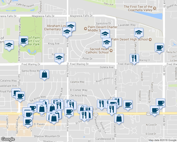 map of restaurants, bars, coffee shops, grocery stores, and more near 74216 Santa Rosa Circle in Palm Desert