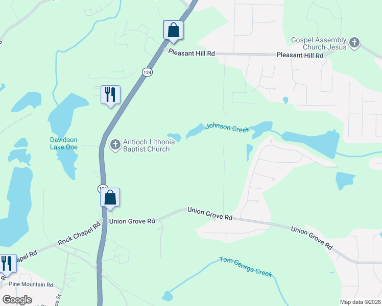 map of restaurants, bars, coffee shops, grocery stores, and more near 2101 Poplar Falls Road in Lithonia