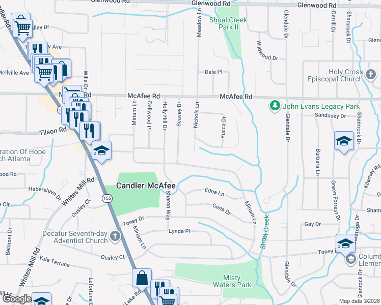 map of restaurants, bars, coffee shops, grocery stores, and more near 2127 Nichols Lane in Decatur
