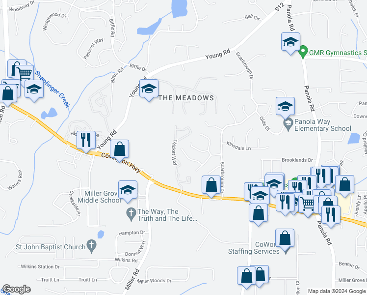 map of restaurants, bars, coffee shops, grocery stores, and more near 2110 Scarbrough Road in Stone Mountain