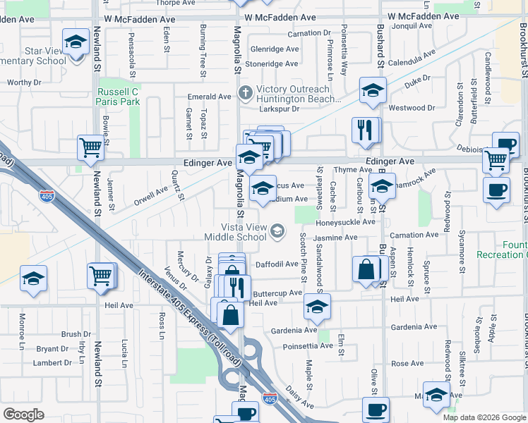 map of restaurants, bars, coffee shops, grocery stores, and more near 16250 Hickory Street in Fountain Valley
