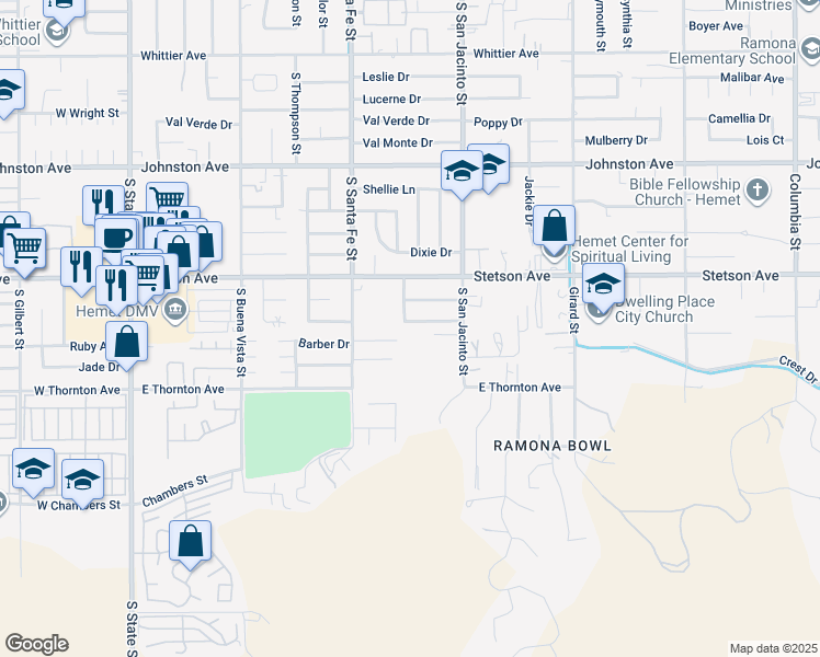map of restaurants, bars, coffee shops, grocery stores, and more near 1093 Alcott Court in Hemet
