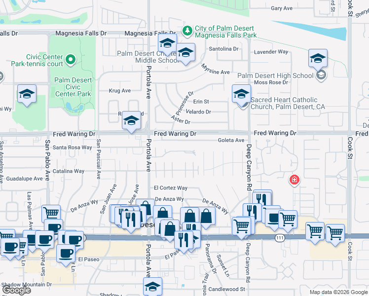 map of restaurants, bars, coffee shops, grocery stores, and more near 74186 Santa Rosa Circle in Palm Desert