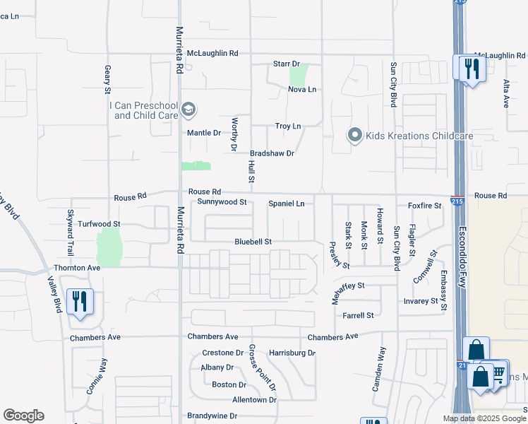 map of restaurants, bars, coffee shops, grocery stores, and more near 26250 Spaniel Lane in Menifee