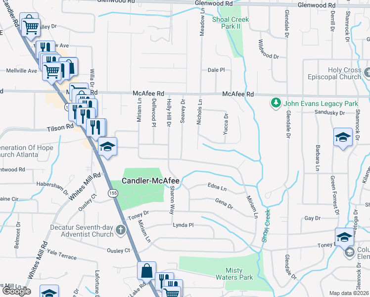 map of restaurants, bars, coffee shops, grocery stores, and more near 2131 Seavey Drive in Decatur