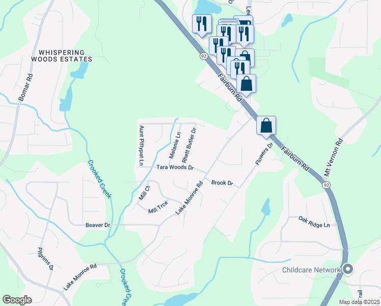 map of restaurants, bars, coffee shops, grocery stores, and more near 2850 Rhett Butler Drive in Douglasville