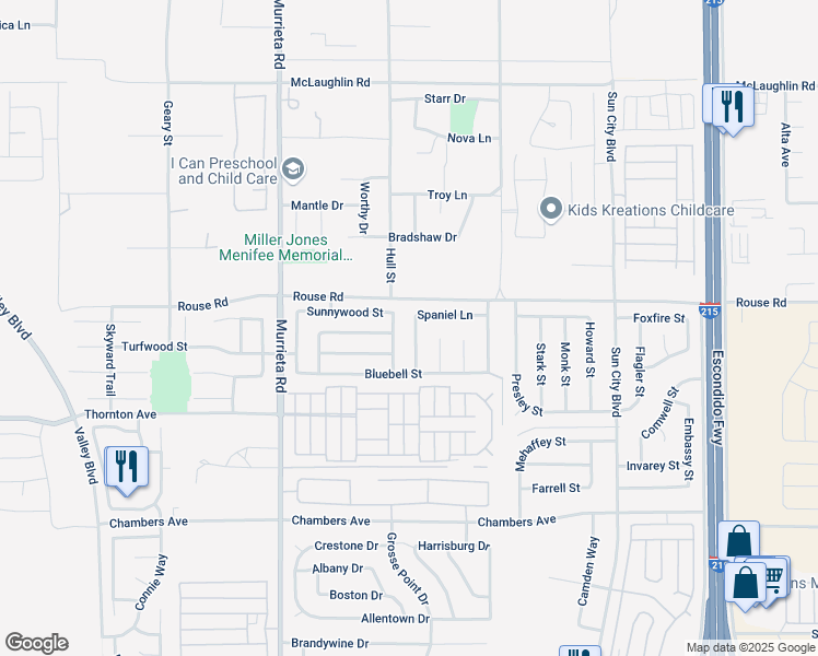map of restaurants, bars, coffee shops, grocery stores, and more near 26250 Spaniel Lane in Menifee