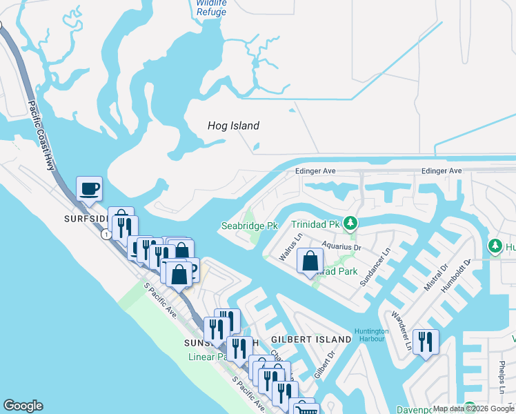 map of restaurants, bars, coffee shops, grocery stores, and more near 16146 Twinkle Circle in Huntington Beach
