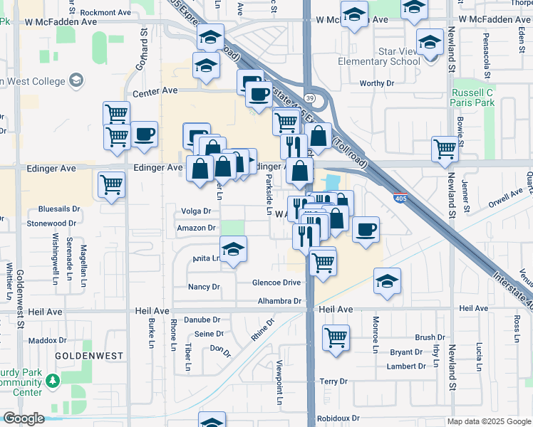 map of restaurants, bars, coffee shops, grocery stores, and more near 16161 Parkside Lane in Huntington Beach