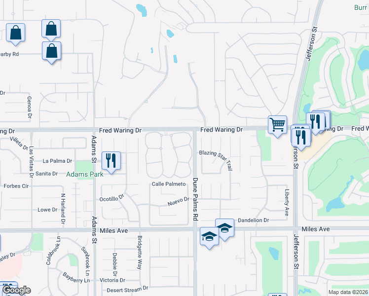 map of restaurants, bars, coffee shops, grocery stores, and more near 79455 North Sunrise Ridge Drive in La Quinta