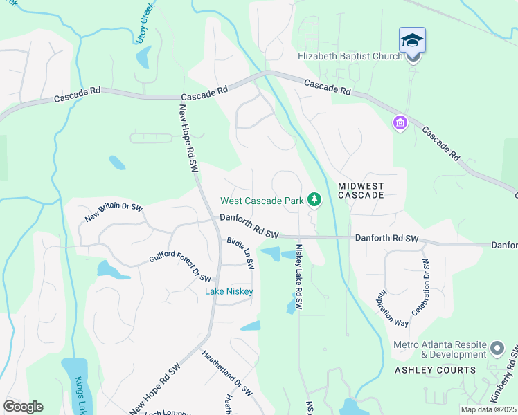 map of restaurants, bars, coffee shops, grocery stores, and more near 4555 Danforth Road Southwest in Atlanta