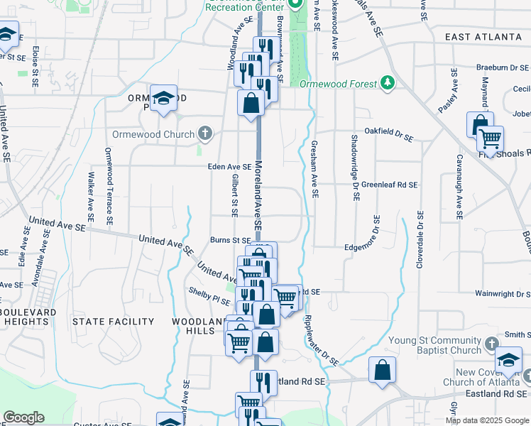 map of restaurants, bars, coffee shops, grocery stores, and more near 980 Moreland Avenue Southeast in Atlanta
